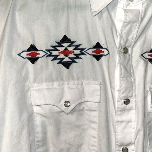 High Noon Western Shirt Long Sleeve Snap Button Aztec Embroidery White L Cotton - Picture 2 of 5